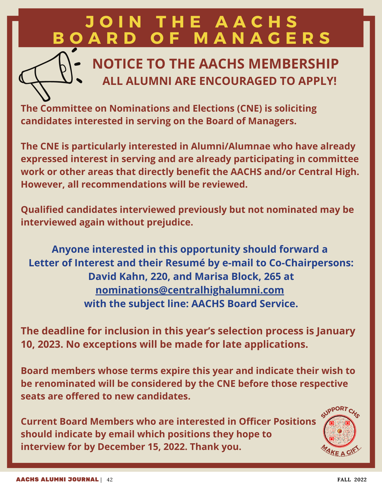 Notice to the AACHS Membership - Join the Board of Managers!
