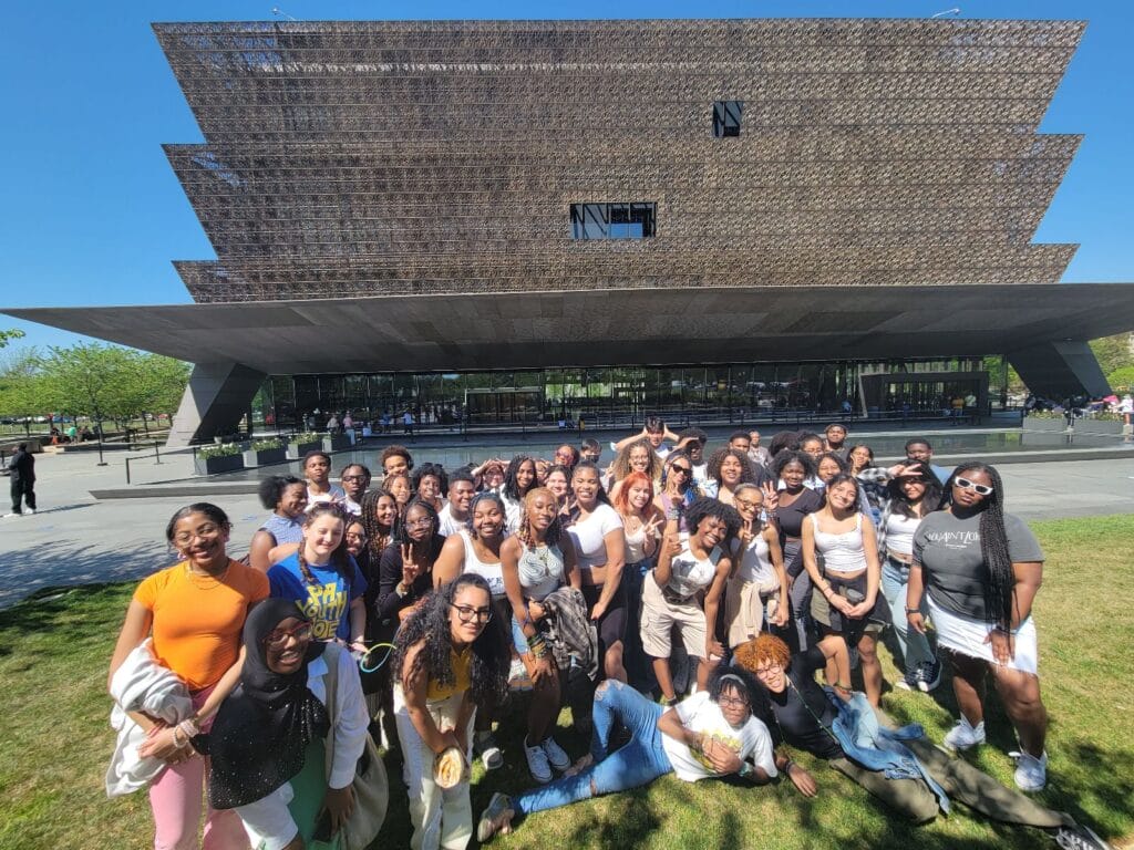 Students outside of the National Museum of African American History and Culture